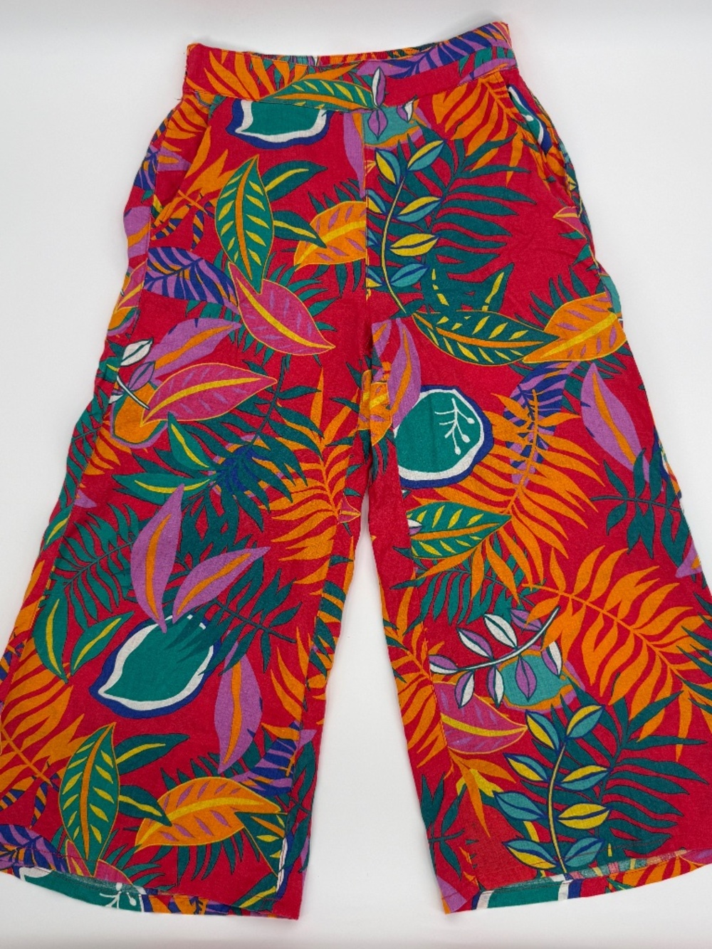 C&C California Linen Pants Small Wide Leg Cropped Tropical Leaf Red Pink Woman S